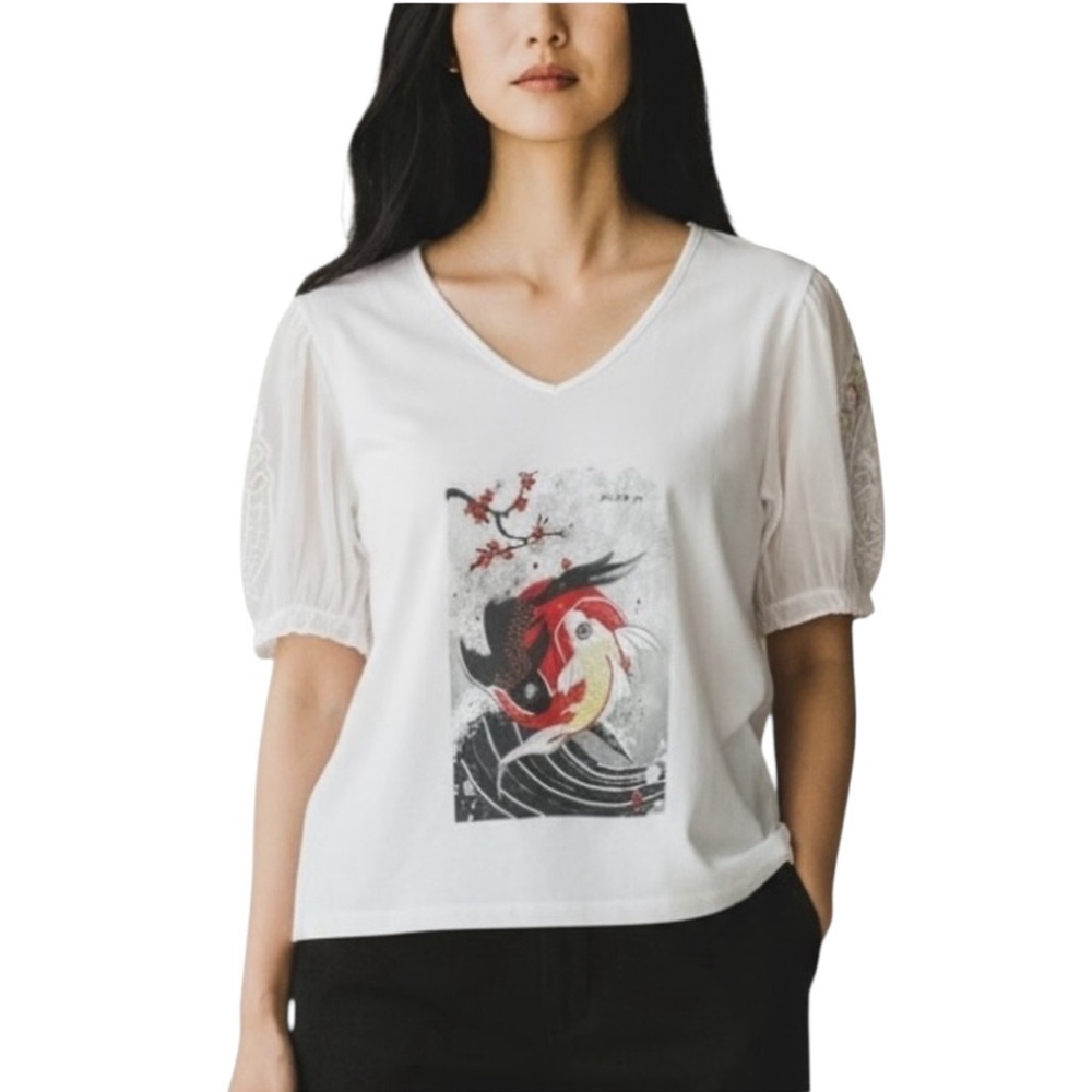 Kitsch & Pop Koi Fish Lace Sleeve Top NWT
